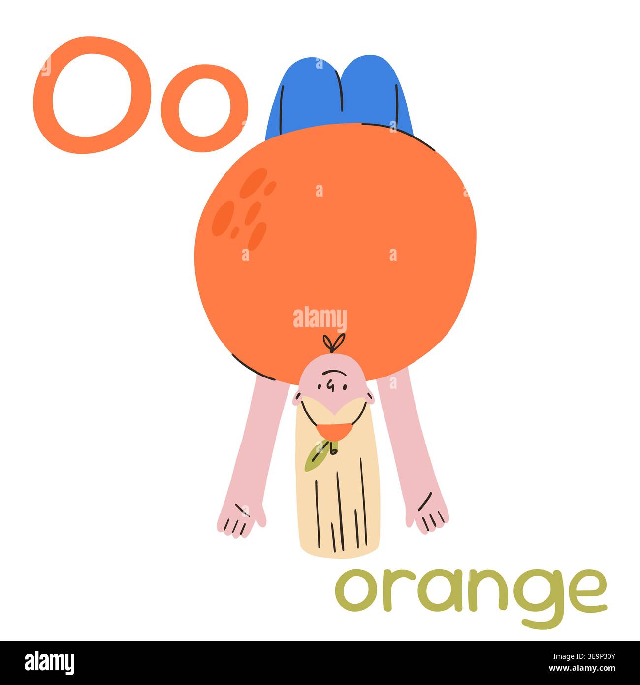 Une fille aux cheveux blonds dans un costume orange est suspendue à l'envers, une carte avec la lettre O. Illustration de Vecteur