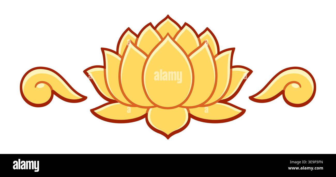 Élément de décoration de fleur de lotus doré, en-tête ou séparateur. Dessin de style ornement chinois ou thaïlandais. Illustration clipart vectorielle. Illustration de Vecteur