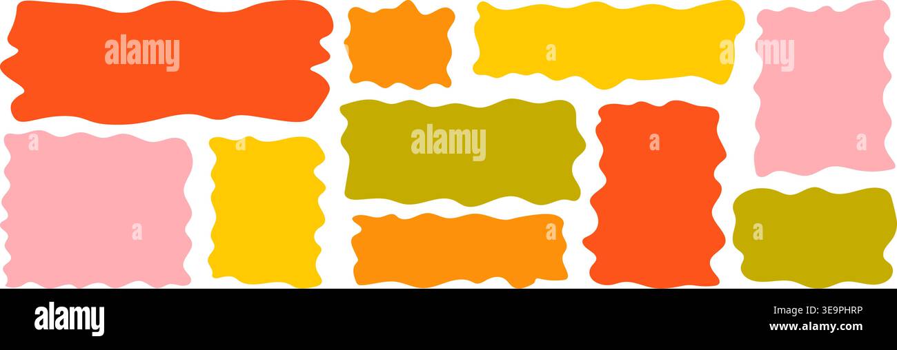 Formes ondulées vibrantes organiques en orange vif, jaune, rose et vert. Collection de blob irrégulier ludique avec des bords ondulés rugueux pour une marque moderne, soc Illustration de Vecteur