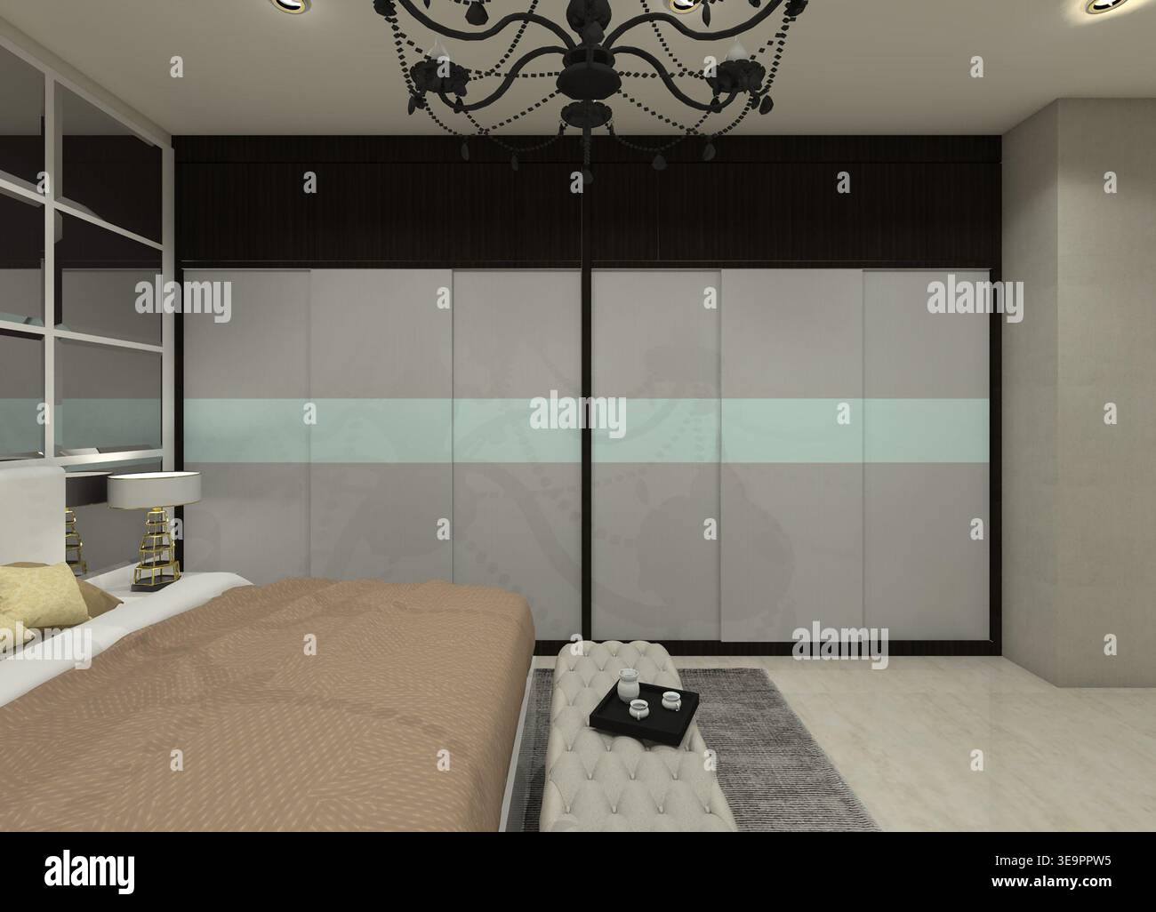 La décoration intérieure moderne de la chambre principale comprend une grande armoire à 6 portes aux finitions en bois blanc et brun foncé. Banque D'Images