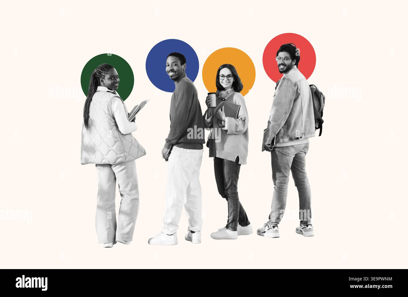 Groupe de personnes debout ensemble dans un collage avec des cercles colorés en arrière-plan Banque D'Images