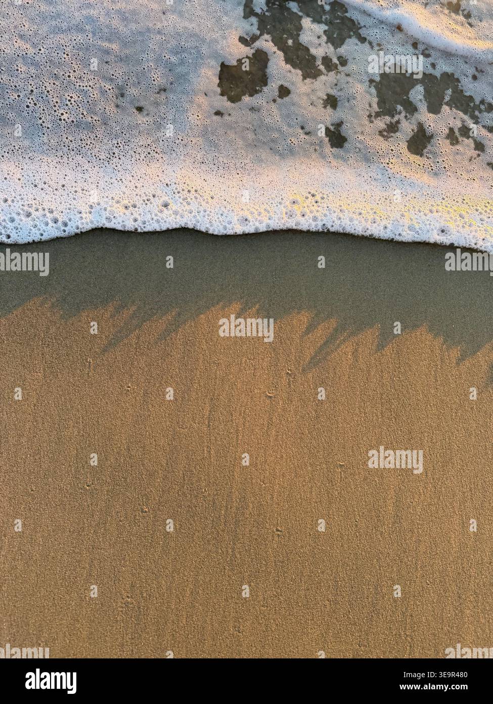 Une vue rapprochée de la mousse de l'océan se lavant sur le sable humide sur un rivage de plage. - Image de stock capturée avec un smartphone