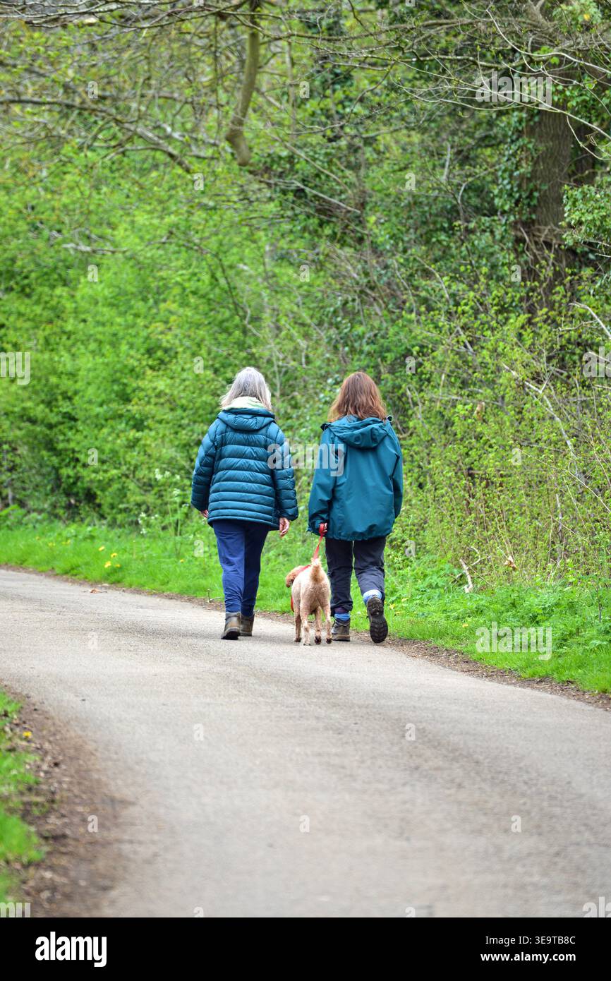 Deux femmes promènent leur chien sur un chemin dans un espace vert pendant la journée Banque D'Images
