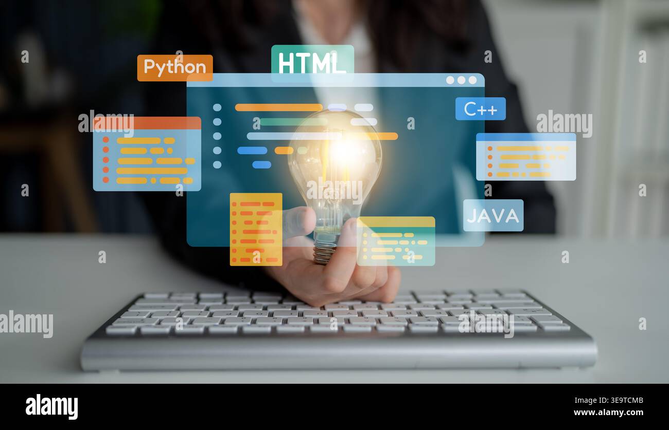 Le développement de logiciels combine des outils de codage, la création d'applications mobiles et des langages de programmation pour offrir des solutions de produits numériques innovantes. Loquet Banque D'Images