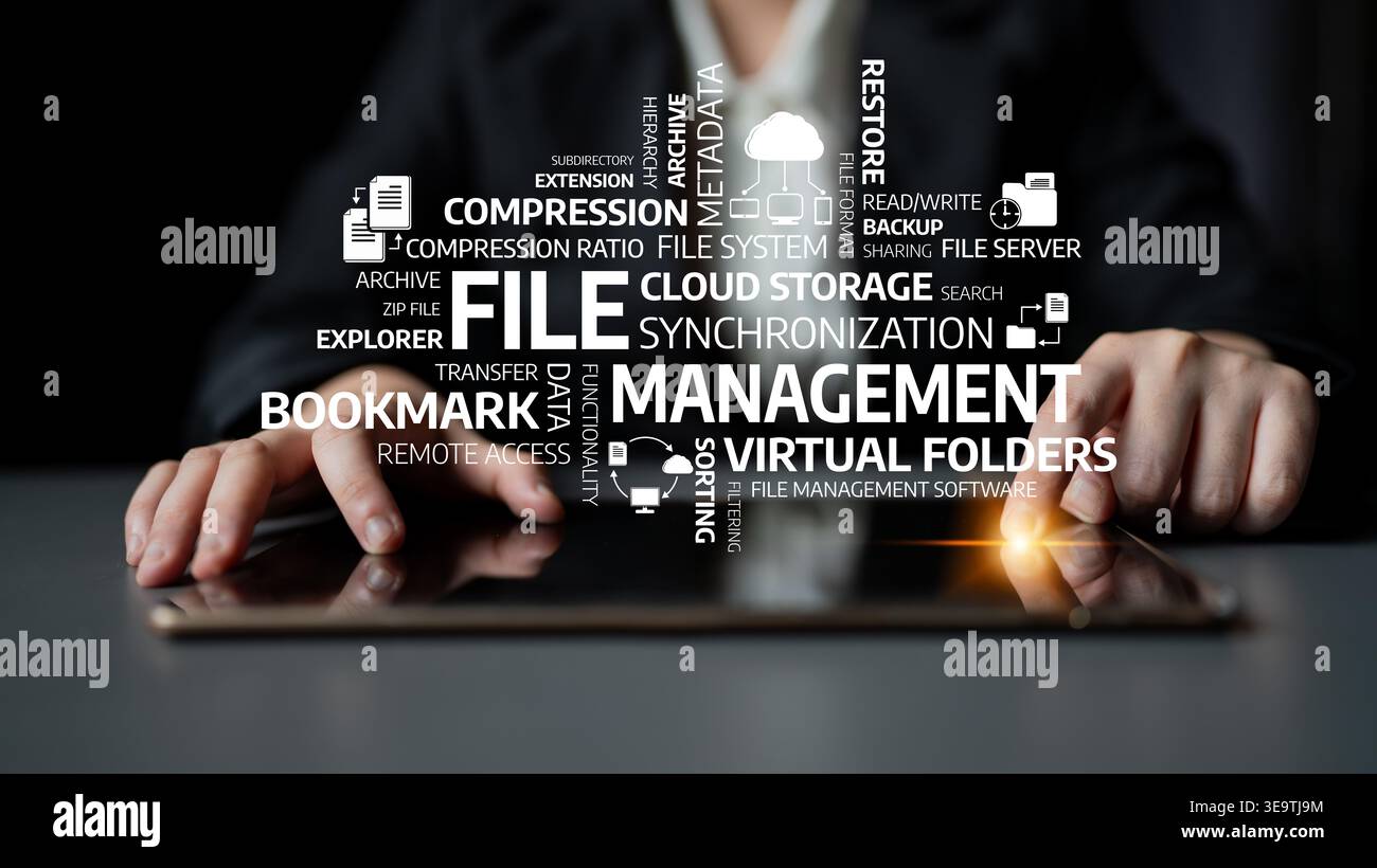 Une vue rapprochée des mains à l'aide d'une tablette entourée de mots numériques représentant des concepts de gestion de fichiers, mettant en évidence l'organisation, le stockage dans le cloud Banque D'Images