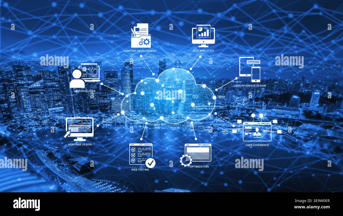 Cloud Computing, stratégie Cloud et technologie Cloud transformant l'infrastructure numérique avec des services évolutifs, un stockage sécurisé des données et des solutions basées sur le Cloud Banque D'Images