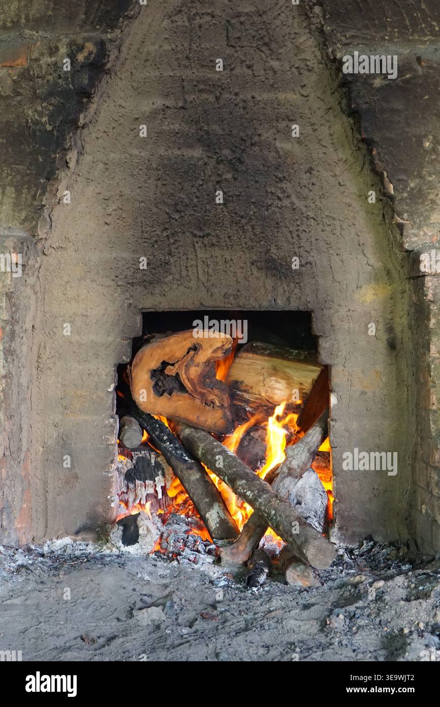 Gros plan de grumes brûlantes à l'intérieur d'un four d'usine à charbon de bois, produisant des flammes et des braises. Banque D'Images