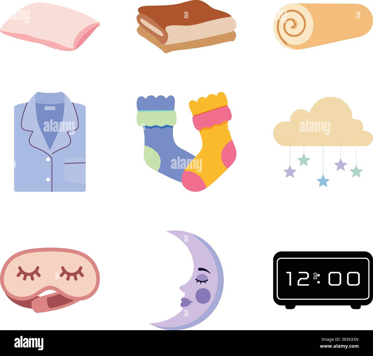 Une collection d'illustrations de couleur douce avec des articles liés au coucher, y compris oreiller, couverture pliée, chemise de couchage, chaussettes confortables, nuage mobile pour bébé Illustration de Vecteur