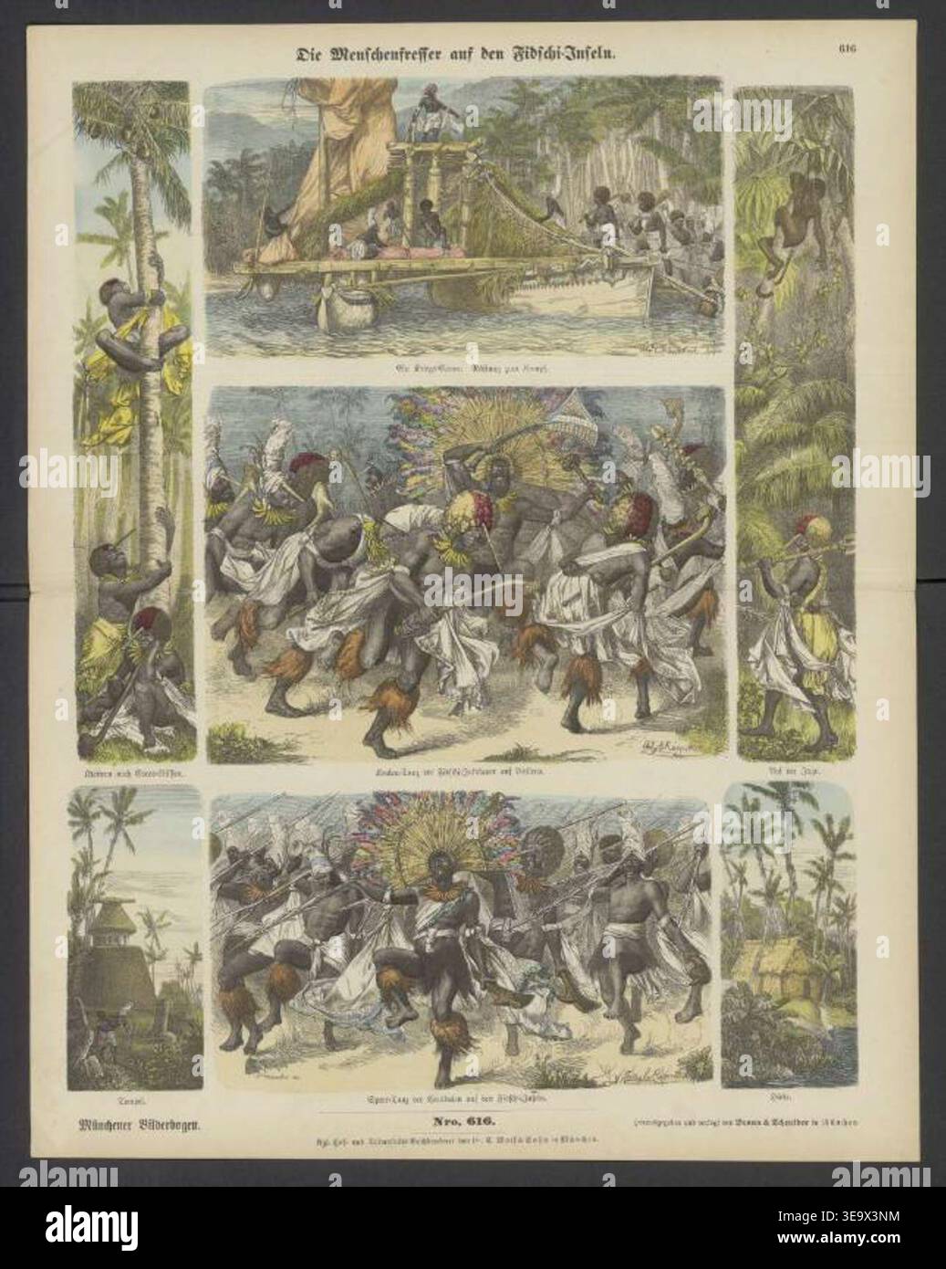 Edward Rosenthal (1835-1906) est un artiste et illustrateur germano-américain connu pour ses représentations des cultures exotiques. Son œuvre de 1873 *Fidschi Toby* a été incluse dans le *Münchener Bilderbogen*, un périodique illustré allemand. La reproduction photographique d'archives montre une représentation de la culture fidjienne, telle que représentée par Rosenthal au XIXe siècle. Banque D'Images