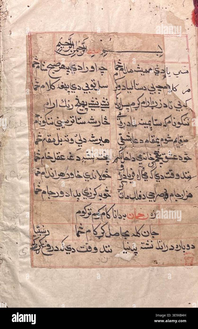 Rahman Baba (Abdur Rahmn Momand, 1653–1711) était un poète soufi pachtun. Les archives photographiques documentent un folio de son manuscrit Diwan-i-Rahman (ou 393), copié par un scribe inconnu avant 1869. Le tirage photographique historique montre du texte manuscrit en pachto et une mise en page de quatorze lignes par page. Banque D'Images