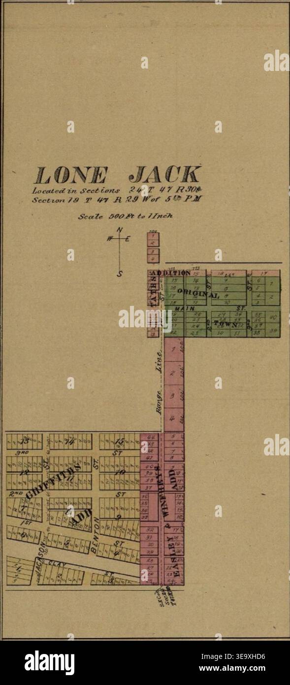 Le plat de Lone Jack, Missouri, du livre plat du comté de Jackson de 1877, conservé par la State Historical Society of Missouri. La carte donne un aperçu détaillé de la configuration de la ville, reflétant l'organisation géographique de la région à la fin du XIXe siècle. Banque D'Images