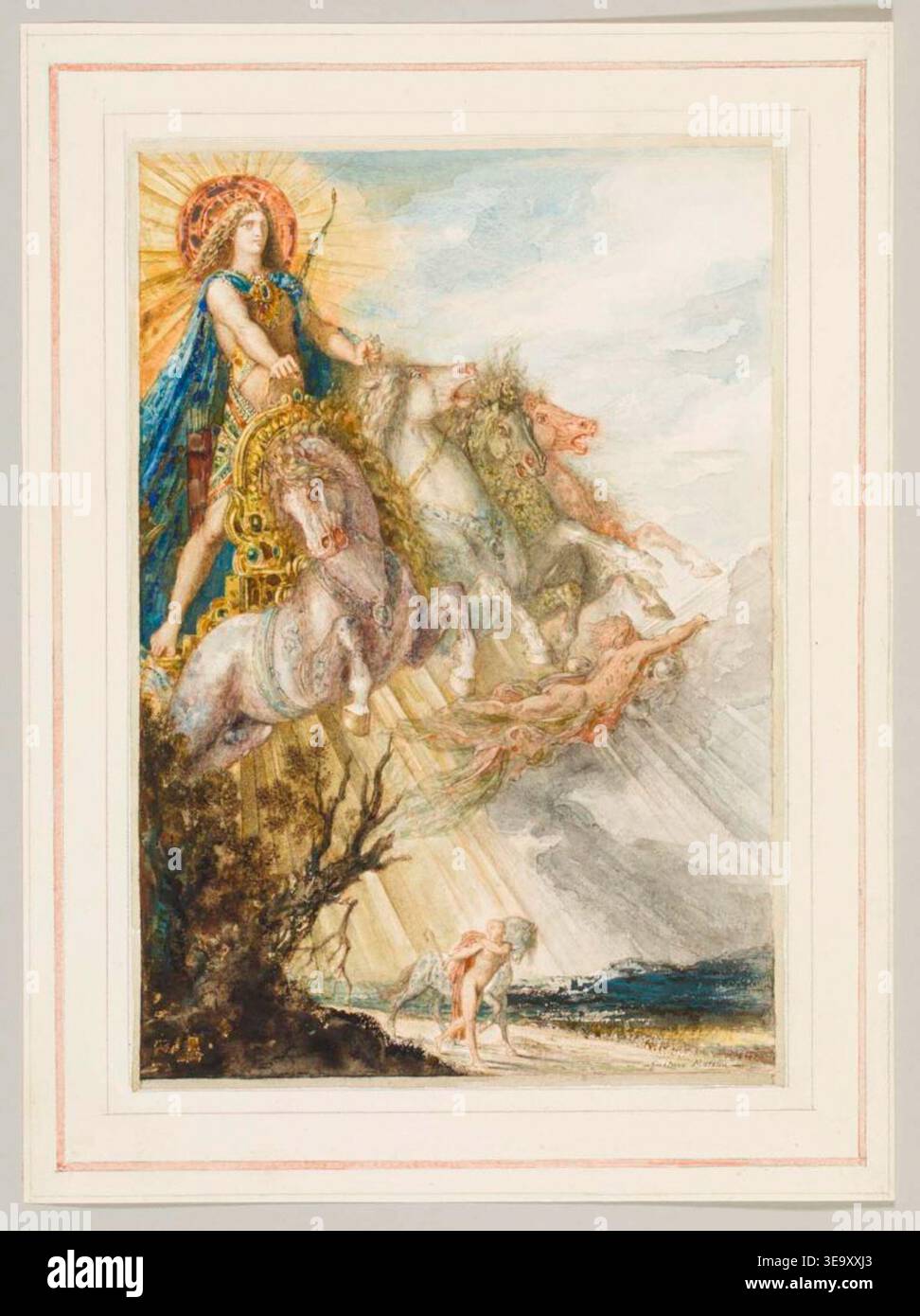Gustave Moreau (1826-1898) est un peintre symboliste français connu pour ses représentations mythologiques et oniriques. Le tableau *Phoebus et Boreas* représente les dieux grecs Phoebus (Apollon) et Boreas, illustrant leurs natures contrastées dans un style poétique et détaillé. Banque D'Images