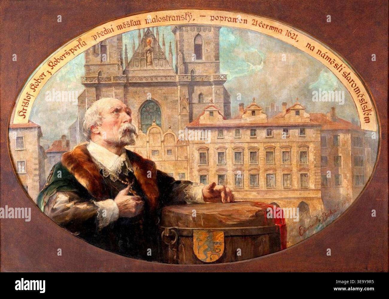 *Poprava pána Kritofa Kobera z Koberperka* d’Emanuel Bohá (exécution du seigneur Kritof Kober de Koberperk) est une peinture historique qui représente un moment dramatique de l’histoire tchèque. Bohá capture cet événement tragique du passé à travers son objectif artistique distinct, en utilisant de l’huile sur toile. Banque D'Images