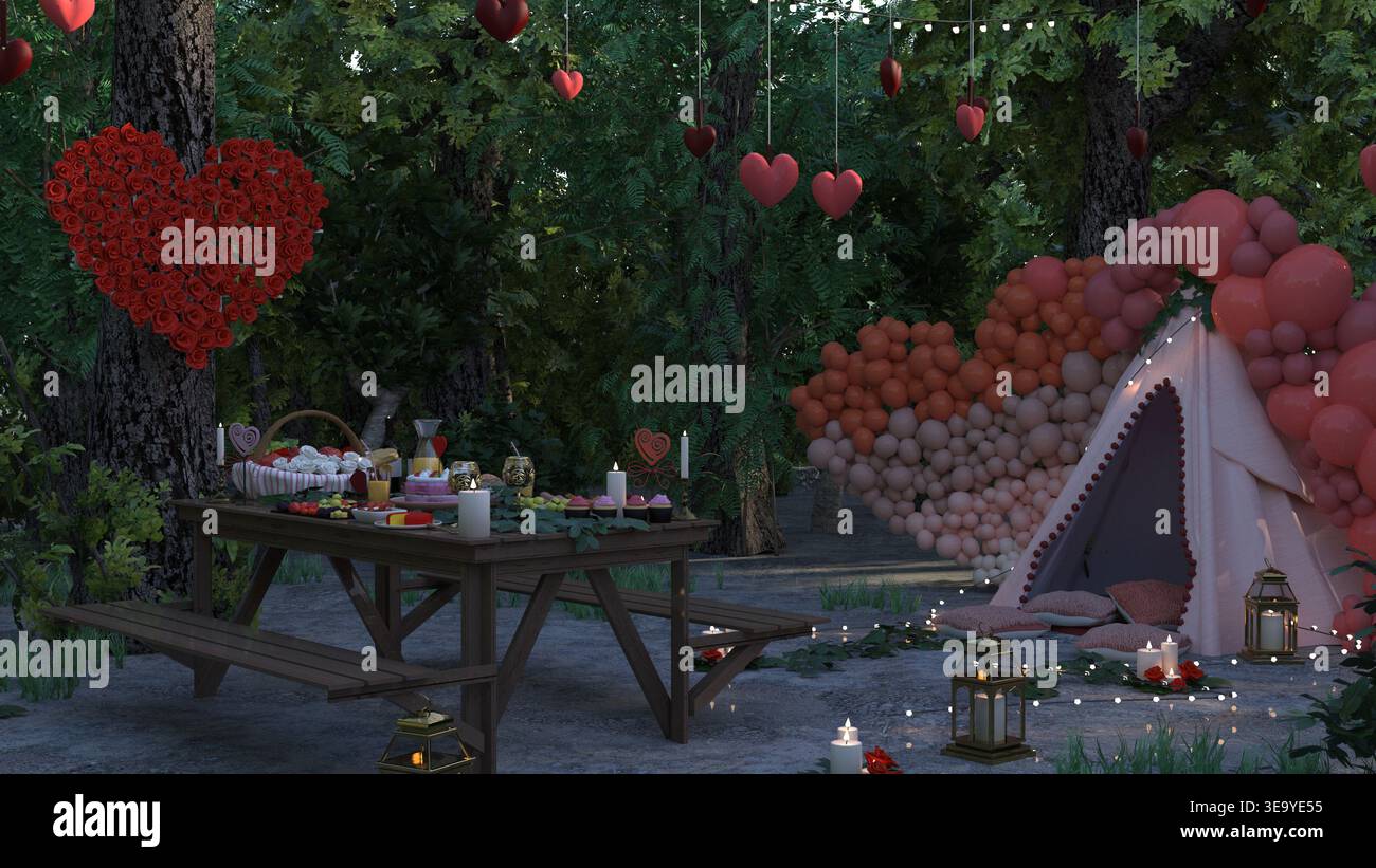Jardin verdoyant pour le romantisme, avec une table en bois sous les arbres ornée de décorations de coeur rouge et de guirlandes lumineuses. Valentines, weddin Banque D'Images