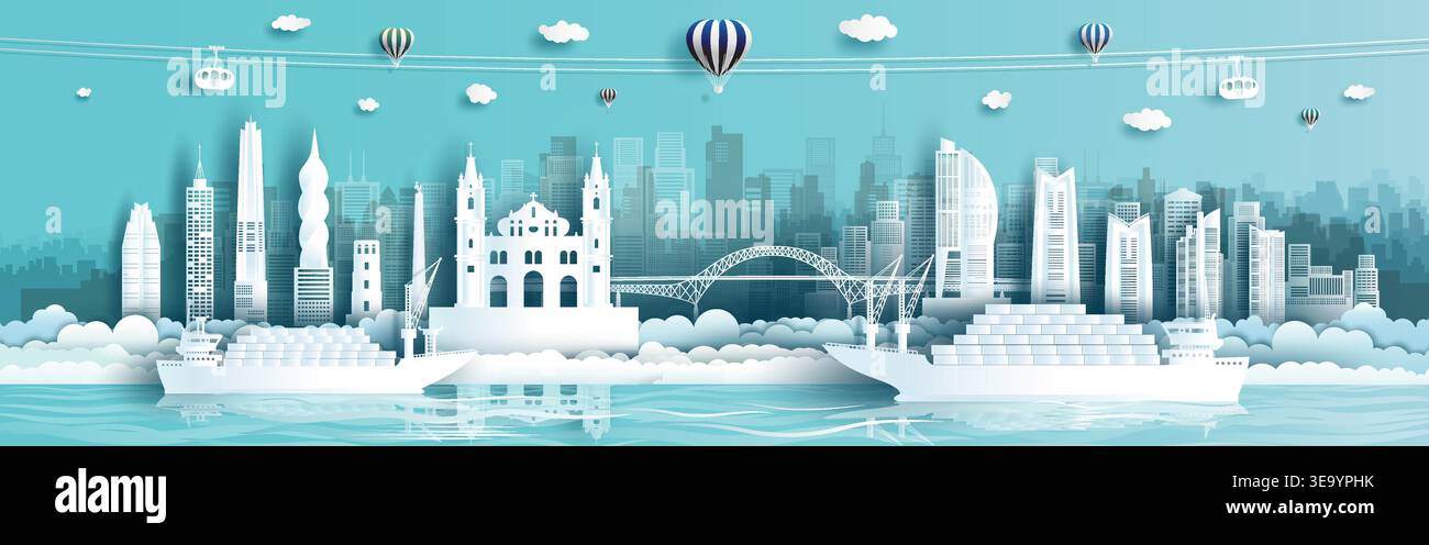 Travel Landmarks Panama ville célèbre et populaire suez canal fret expédition. Visitez le paysage urbain de panama avec transport maritime, papier origami, papier Ar Illustration de Vecteur