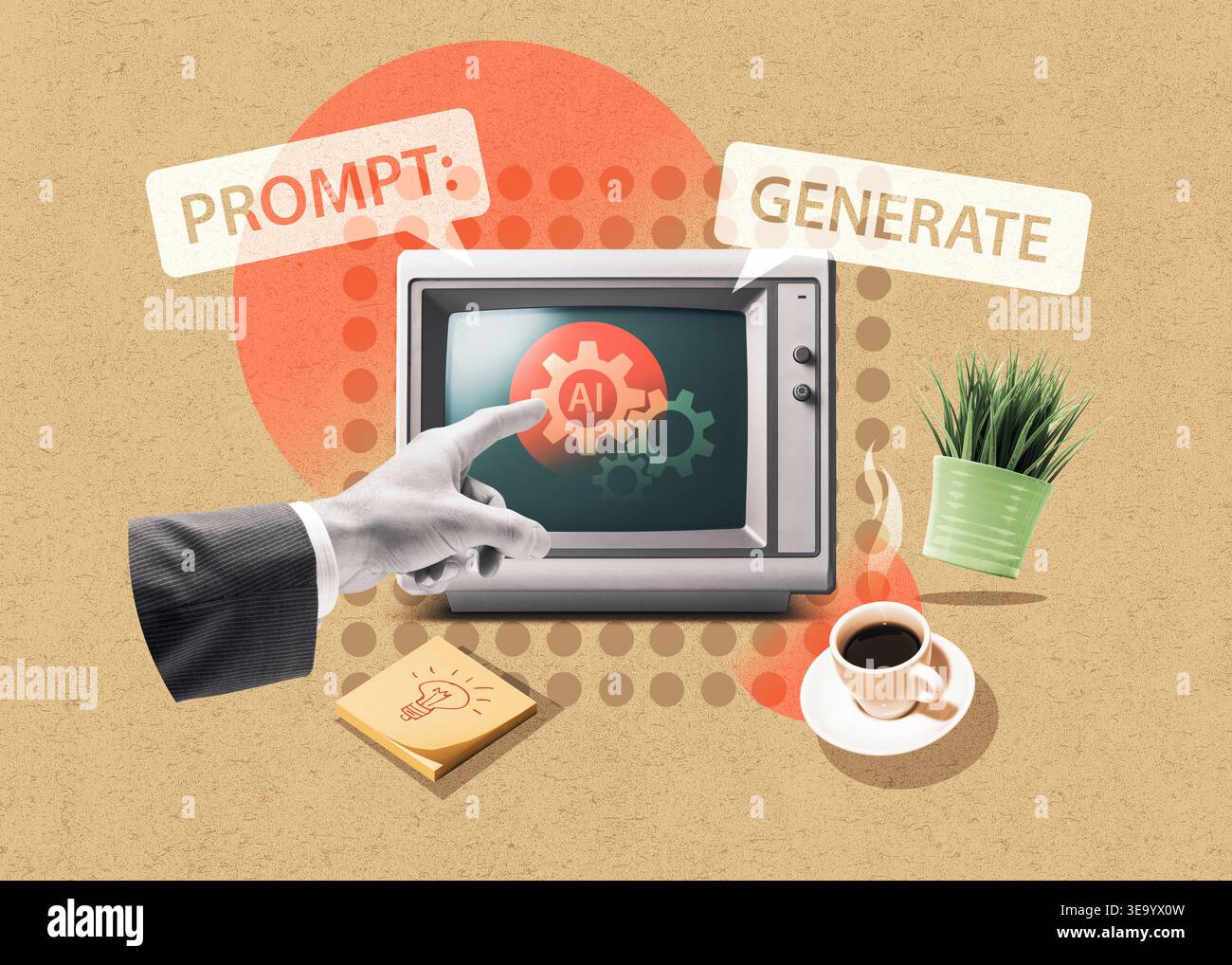 Collage de style vintage avec un moniteur de télévision rétro avec des engrenages ai, la main d'un homme d'affaires pointant vers l'écran, et des bulles de parole pour 'PROMPT' Banque D'Images