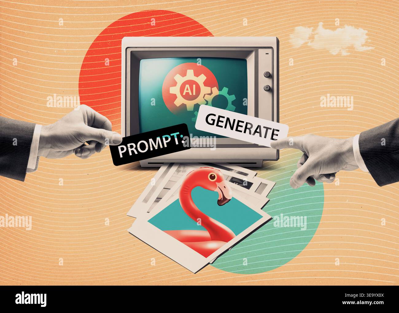 Collage de style rétro avec un moniteur vintage avec des engrenages ai, mains tenant des étiquettes « PROMPT » et « GENERATE », et photos instantanées d'un flamant rose. Co Banque D'Images