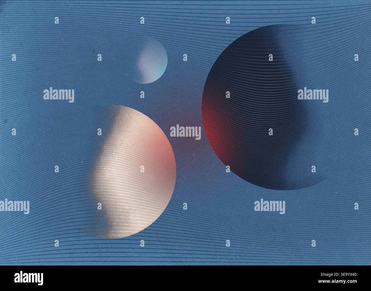 Fond vintage abstrait avec des orbes circulaires incandescents et des lignes horizontales ondulées. Présente une palette bleu foncé avec des dégradés rouges et crème doux et un Banque D'Images