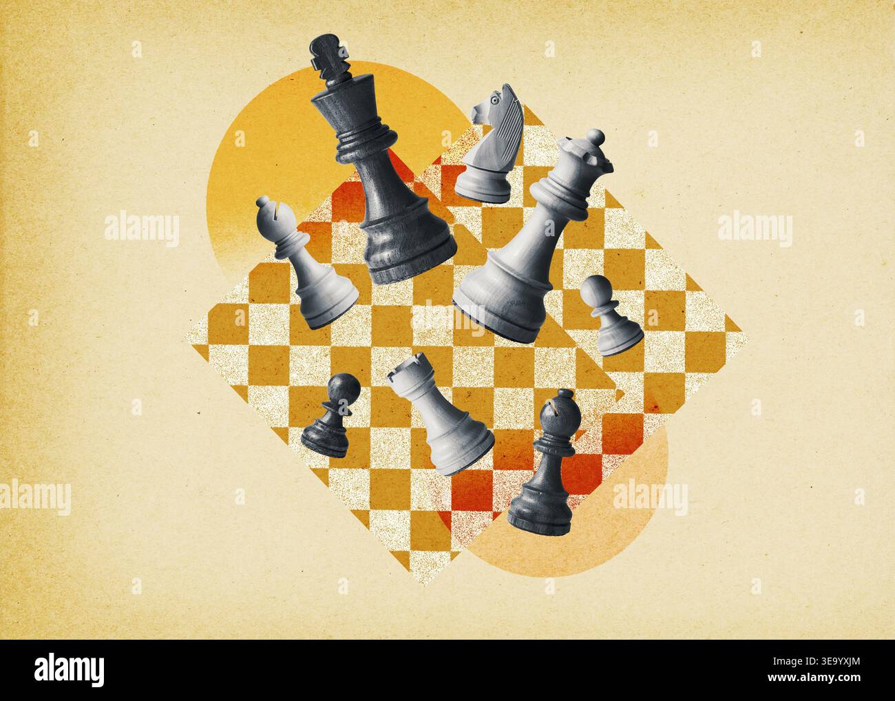Collage de style vintage de pièces d'échecs flottant sur un tableau à damier et des formes géométriques, symbolisant la planification stratégique, les tactiques d'affaires, la concurrence Banque D'Images