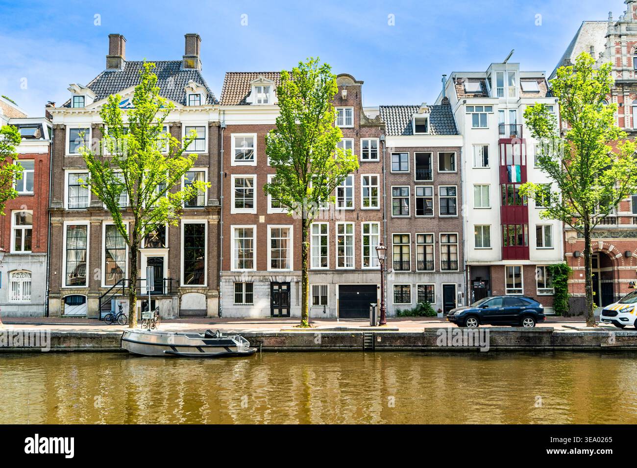 Paysage urbain classique d'Amsterdam avec maisons en briques et canal vert Re Banque D'Images