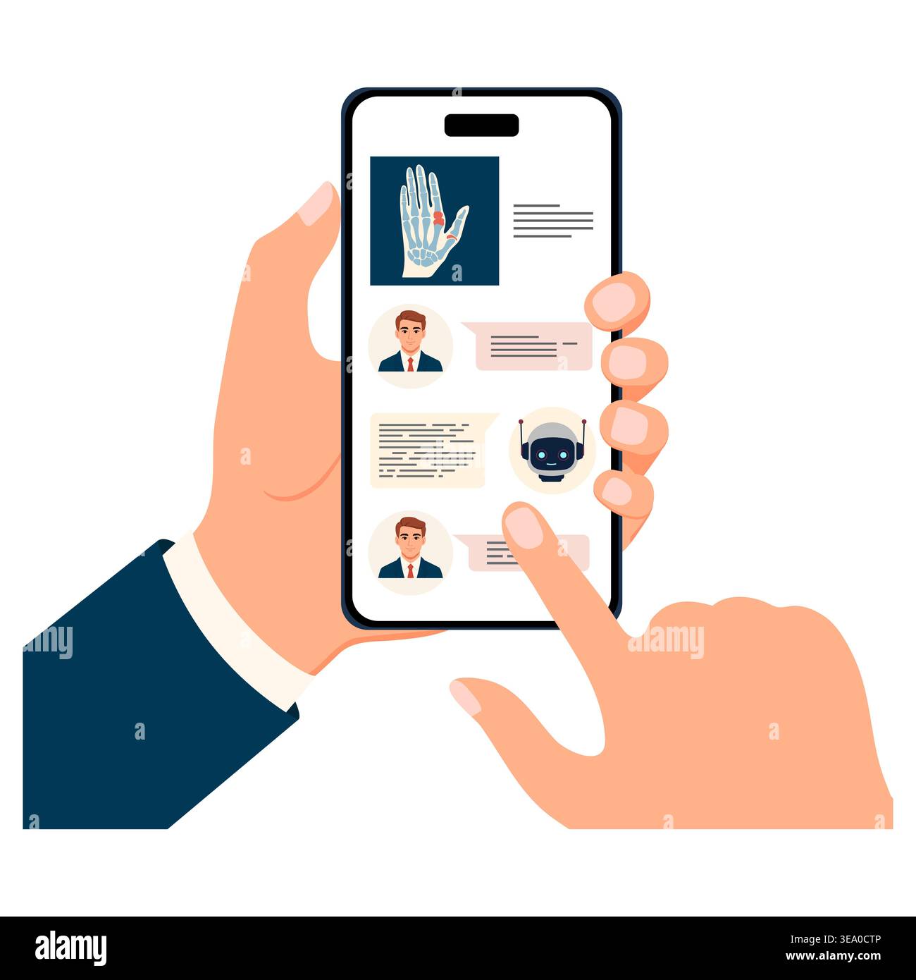 Personne utilisant un smartphone pour la messagerie texte avec chatbot et informations médicales affichées sur le vecteur d'écran Illustration de Vecteur
