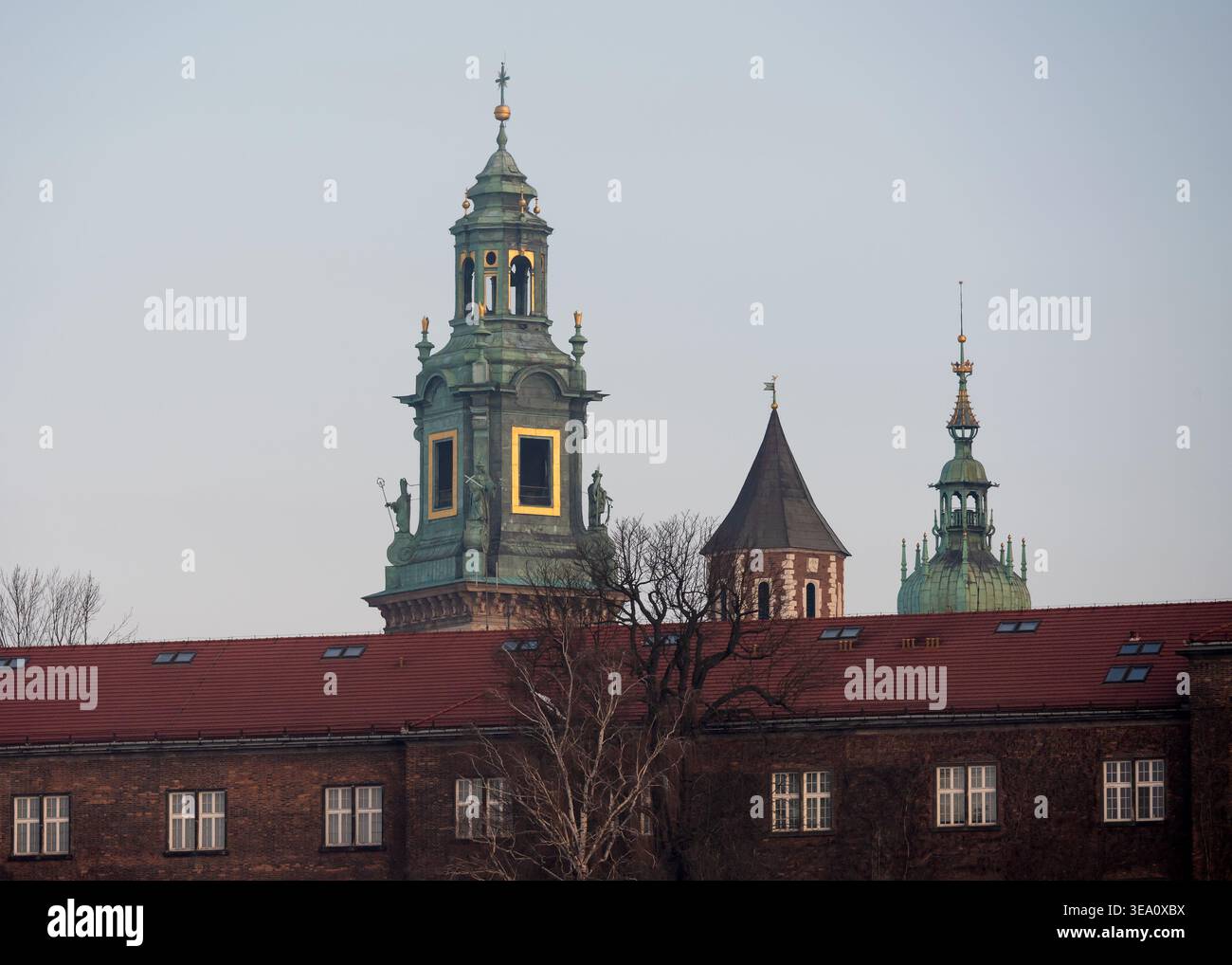 Flèches du château royal de Wawel. Les tours ornées d'un dôme vert de la cathédrale de Wawel s'élèvent au-dessus de longs bâtiments en briques aux toits de tuiles rouges sous le ciel du soir. Banque D'Images