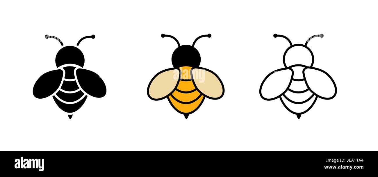 Bee Icon Set plat minimaliste noir jaune et dessin au trait Illustration de Vecteur