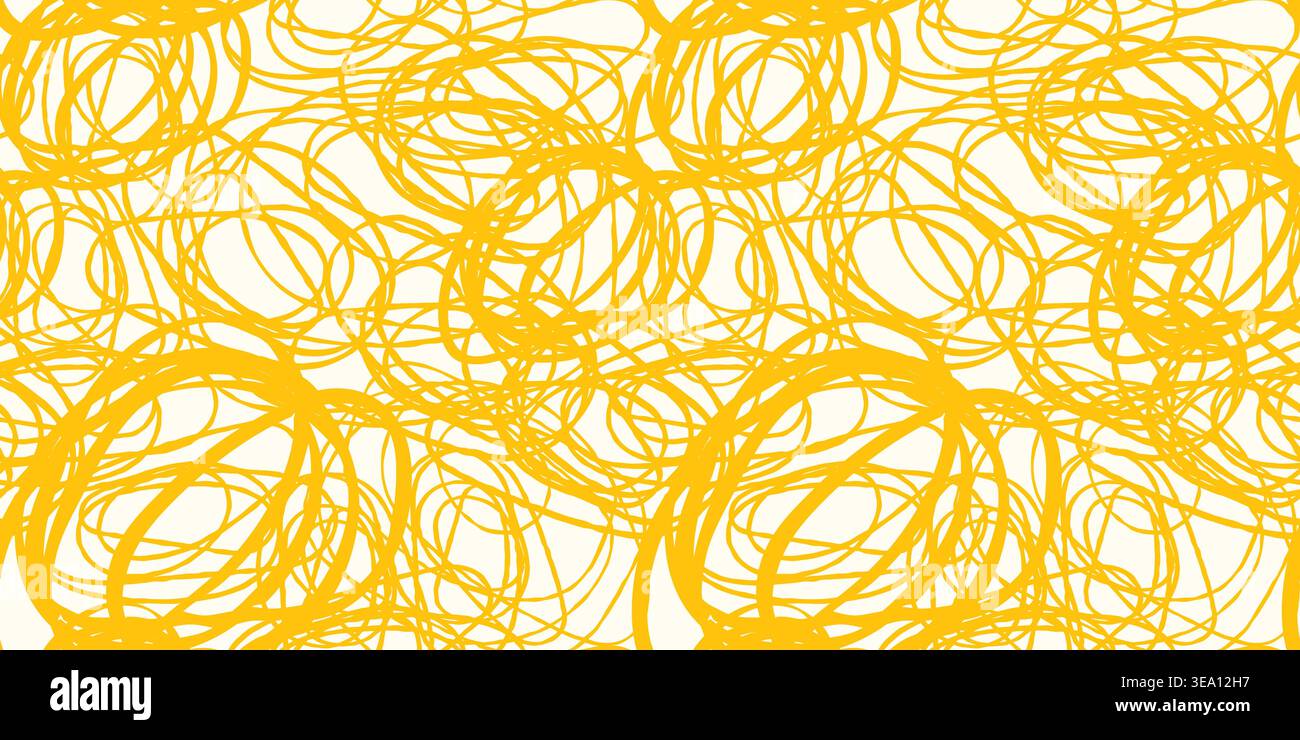 Nouilles spaghetti abstraites jaunes enchevêtrées vectorielles sans couture, fond de pâtes salissant de longues lignes tourbillonnantes pour la conception d'emballage Illustration de Vecteur