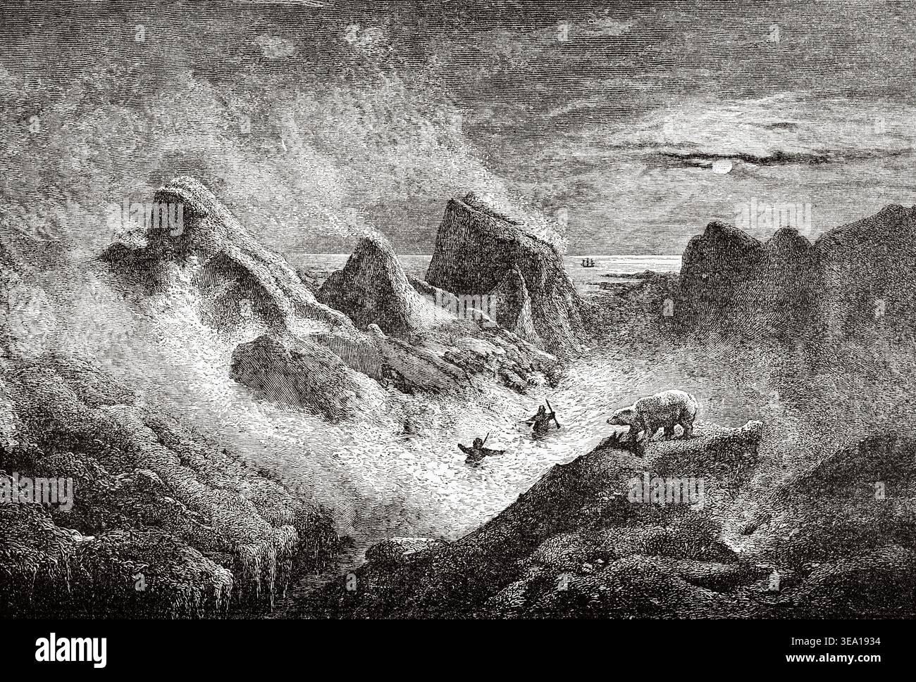Mort tragique de Matochkin. L'Odyssée de Tegetthoff. L'expédition austro-hongroise au pôle Nord Arctique pour trouver le passage du Nord-est sous la direction de Julius payer et Karl Weyprecht (1872-1874) le Tour du monde 1876 Banque D'Images