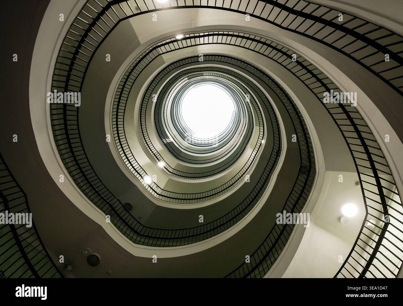 Vue en bas angle d'un escalier en colimaçon. Une perspective ascendante d'un grand escalier en colimaçon avec des balustrades sombres et un puits de lumière lumineux. Banque D'Images