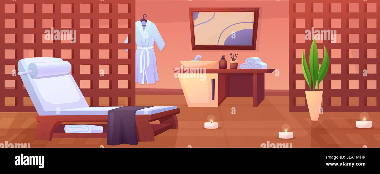 Intérieur de la salle de massage. Relaxez la zone de spa avec canapé confortable, bougies et plantes. Espace de salon professionnel pour les procédures de beauté et de repos, vecteur de nos jours Illustration de Vecteur