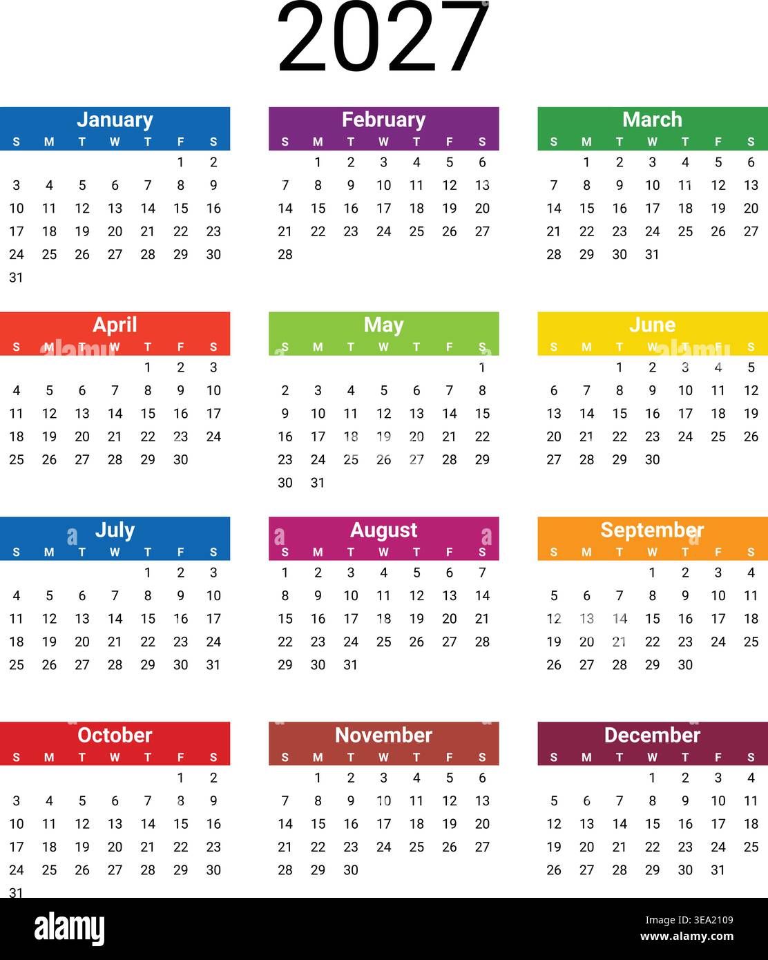 Calendrier anglais moderne 2027 avec un design coloré, une structure verticale et un format hebdomadaire de début de dimanche clair 
 Illustration de Vecteur