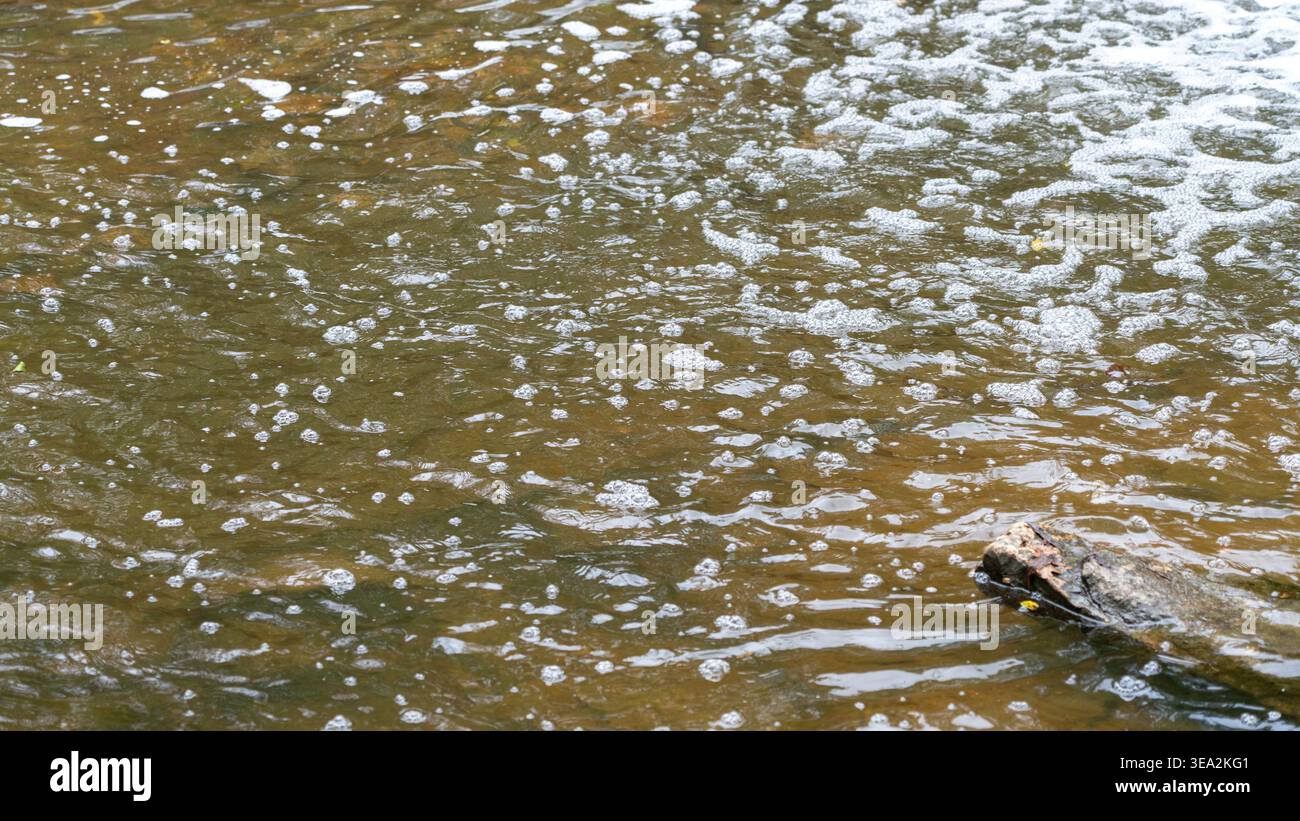 Une scène de nature apaisante avec de délicates bulles se formant et dérivant en aval d'une petite cascade invisible. Un seul rocher émerge dans le fond R Banque D'Images