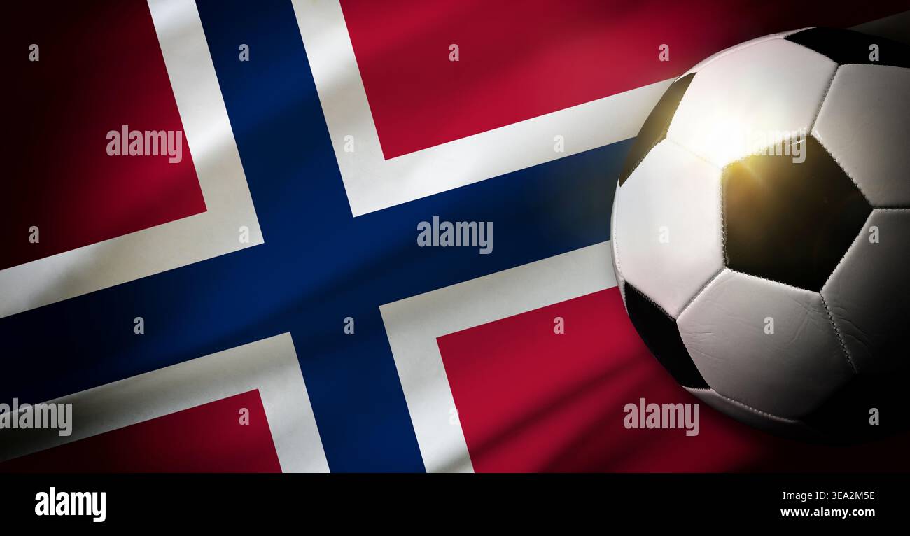 Un ballon de football repose sur le drapeau norvégien, illuminé par une forte lumière et des ombres, soulignant le design de la croix et évoquant la fierté nationale et spo Banque D'Images