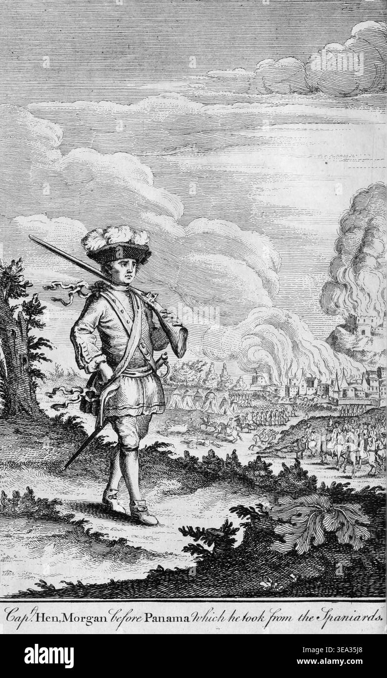 Morgan Burning Panama City Buildings, 1671 (gravure vers 1736 utilisée pour illustrer l'histoire générale du capitaine Charles Johnson) Banque D'Images