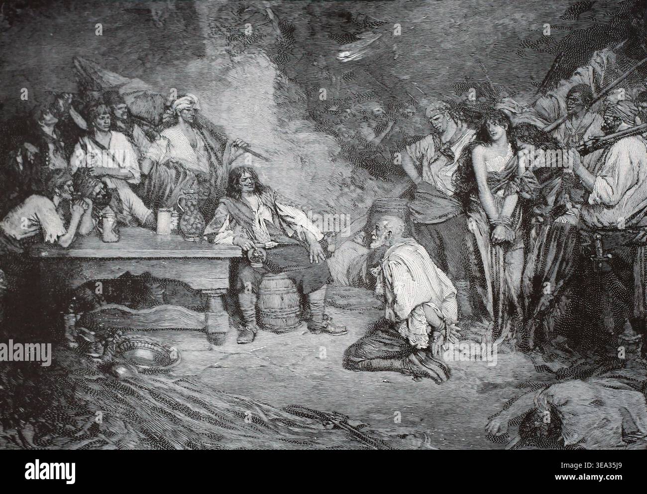 Morgan avec un prisonnier, Sir Henry Morgan (Harri Morgan ; 1635 – 1688) était un corsaire gallois, propriétaire de plantation et lieutenant-gouverneur de la Jamaïque. Banque D'Images