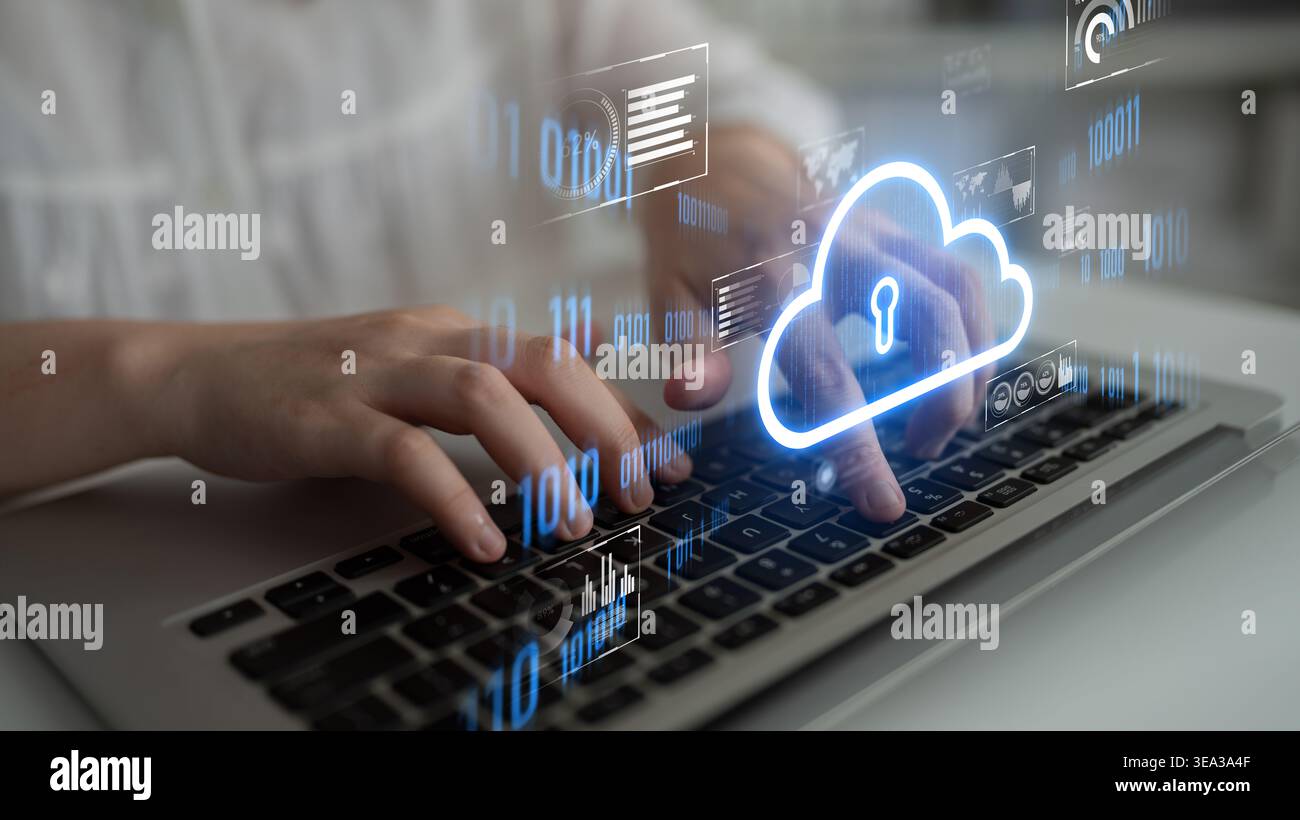 Le cloud computing favorise la croissance numérique grâce à un stockage de données sécurisé, une infrastructure évolutive et des solutions stratégiques basées sur le cloud. Loquet Banque D'Images