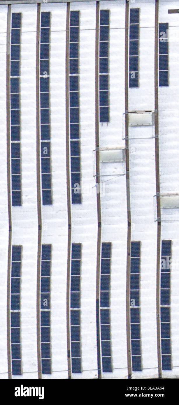 Vue aérienne de panneaux solaires installés sur un toit industriel blanc avec puits de lumière et lignes verticales à Reggello, Toscane, Italie. Banque D'Images