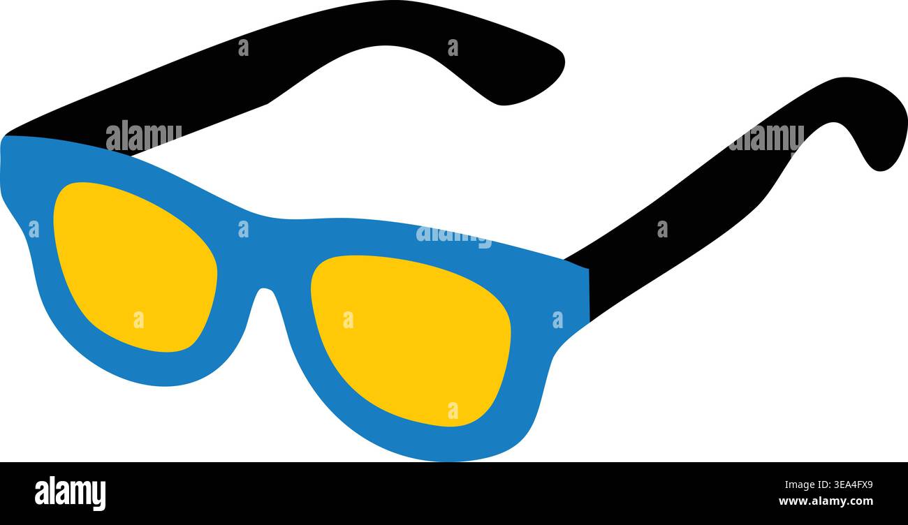 Illustration estivale lumineuse d'une paire de lunettes de soleil bleues avec des bras noirs et des verres teintés jaunes. Illustration de Vecteur