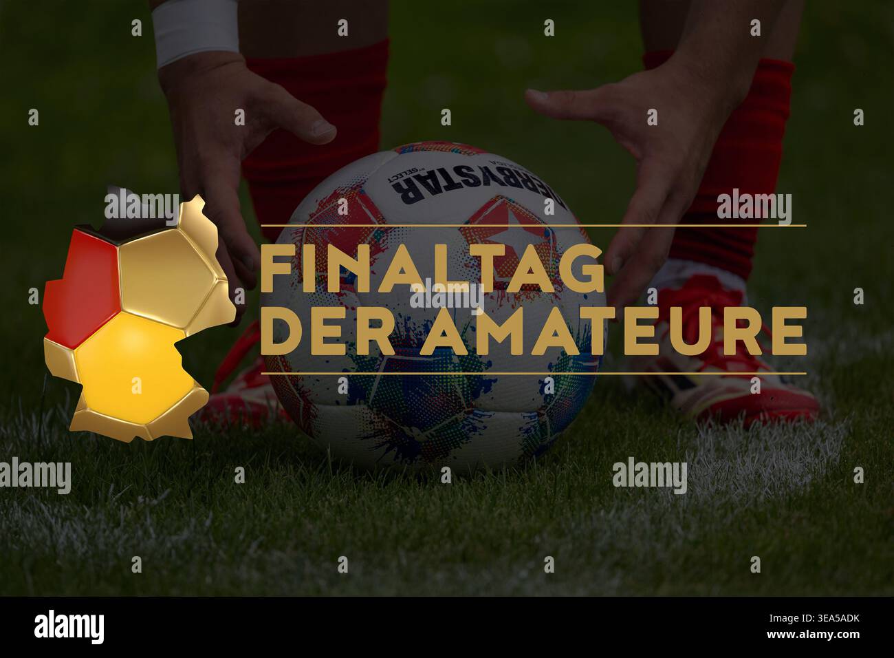 Football, finale amateur 2026 : logo officiel avec un joueur de football en arrière-plan Banque D'Images