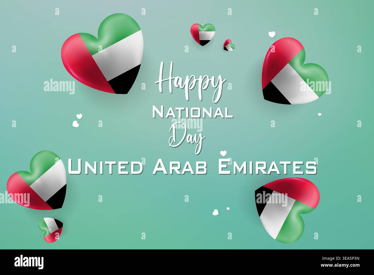 Carte colorée sur le thème des coeurs en 3D pour le jour de l'indépendance des Émirats arabes Unis avec drapeau national aux couleurs parfaites pour les célébrations patriotiques Illustration de Vecteur