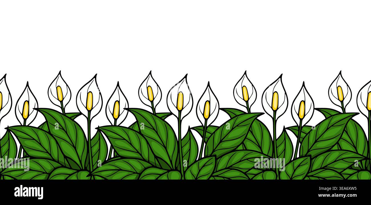 Blanc Calla Lily Flowers et Green Leaves Vector Banner Seamless Pattern Illustration de Vecteur
