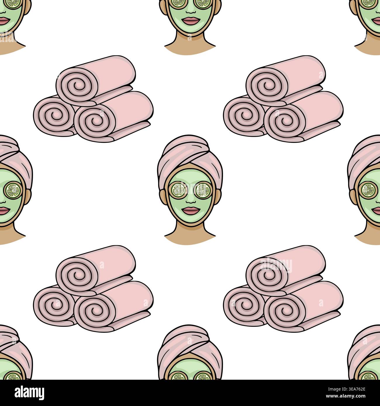 Modèle vectoriel sans couture d'une femme avec un masque facial vert et des tranches de concombre sur les yeux, enveloppé dans une serviette rose, avec des serviettes roses roulées. Illustration de Vecteur