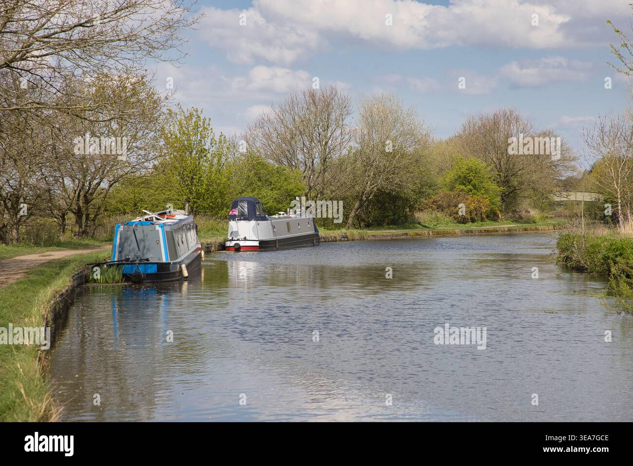 Bateaux étroits amarrés sur le canal de Leeds et Liverpool au printemps Banque D'Images