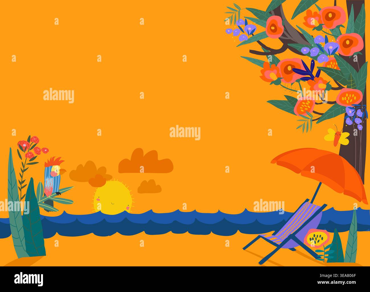 Cartoon Sea Cost avec fleurs magiques et parapluie Illustration de Vecteur