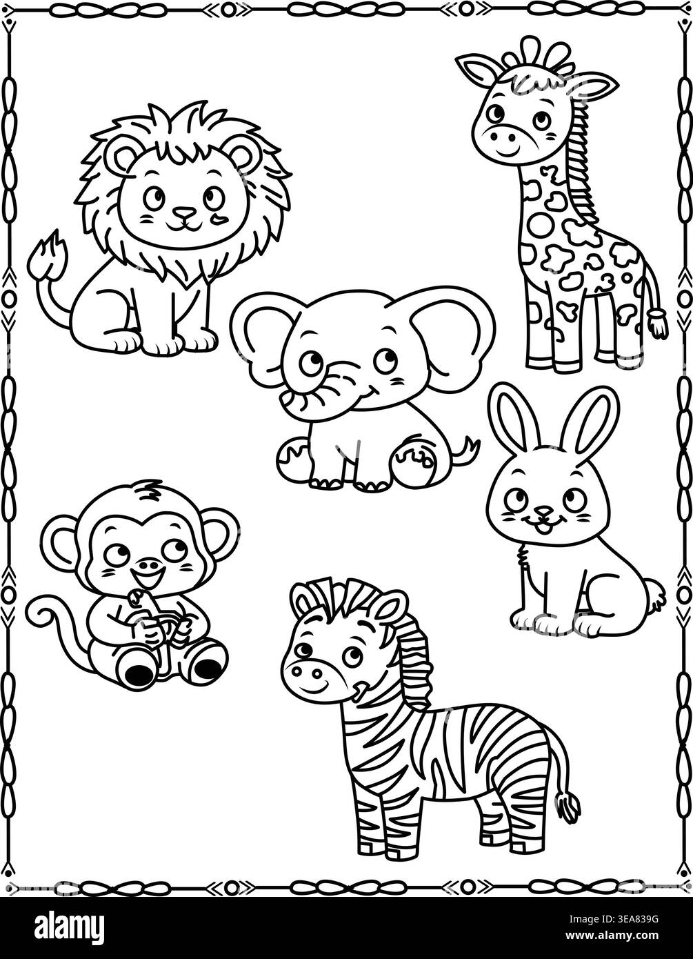 Animaux sauvages du zoo sur la bannière Web blanche. Coloriage pour enfants et adultes. Illustration de Vecteur