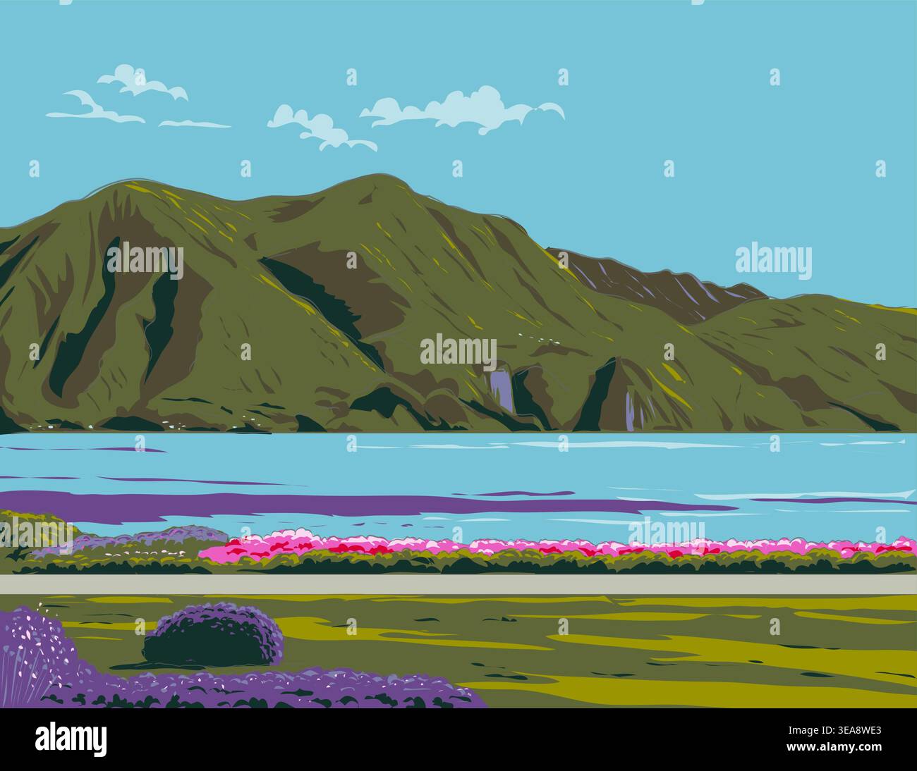 WPA style ukiyo-e ou ukiyo illustration de la promenade Parco Ciani avec le lac de Lugano à Lugano, Suisse fait dans les travaux rétro administration du projet St Illustration de Vecteur