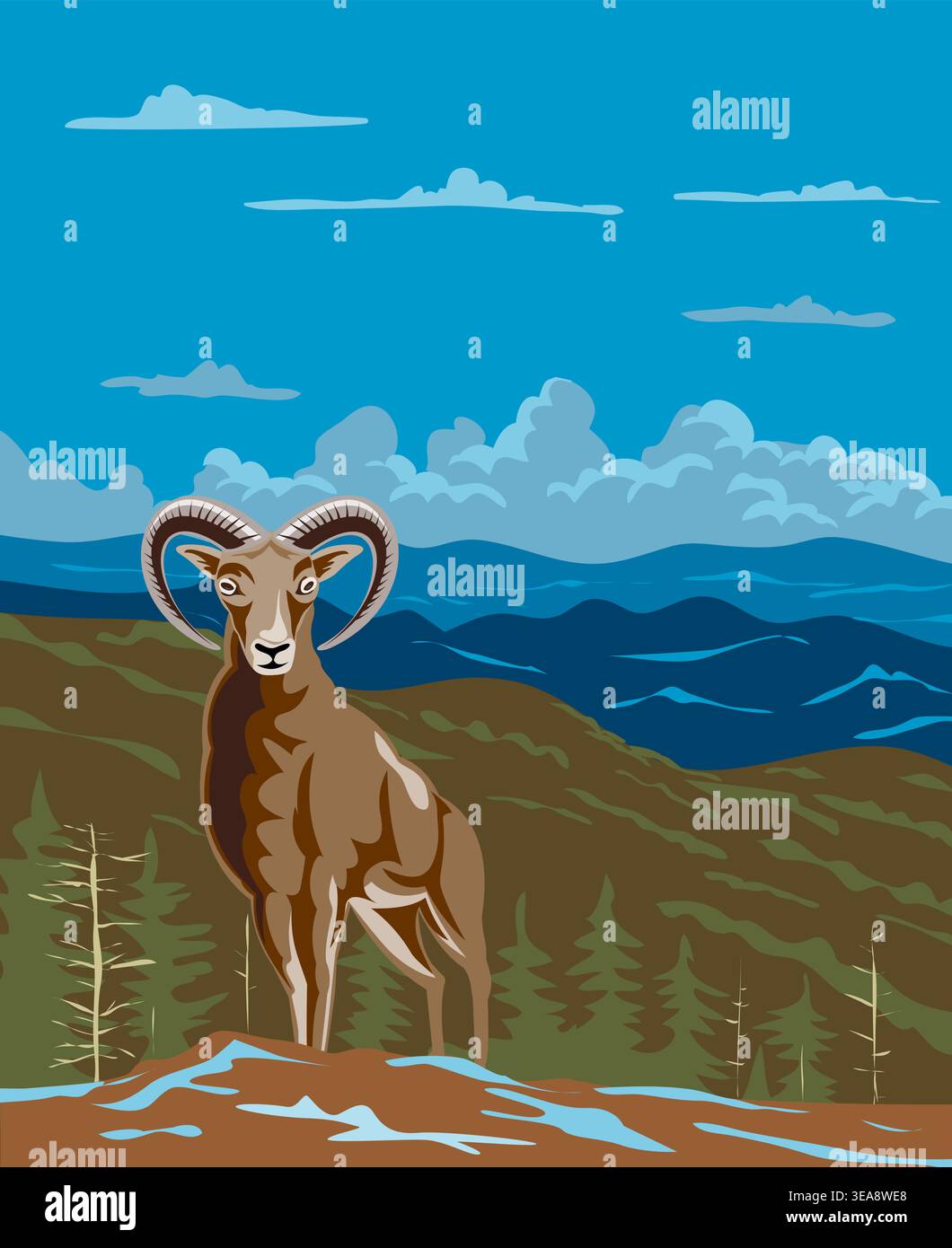 WPA affiche art d'un mouflon masculin ou moufflon trouvé dans la forêt de Paphos situé dans les montagnes Troodos de Chypre fait dans l'administration du projet de travaux ou Illustration de Vecteur