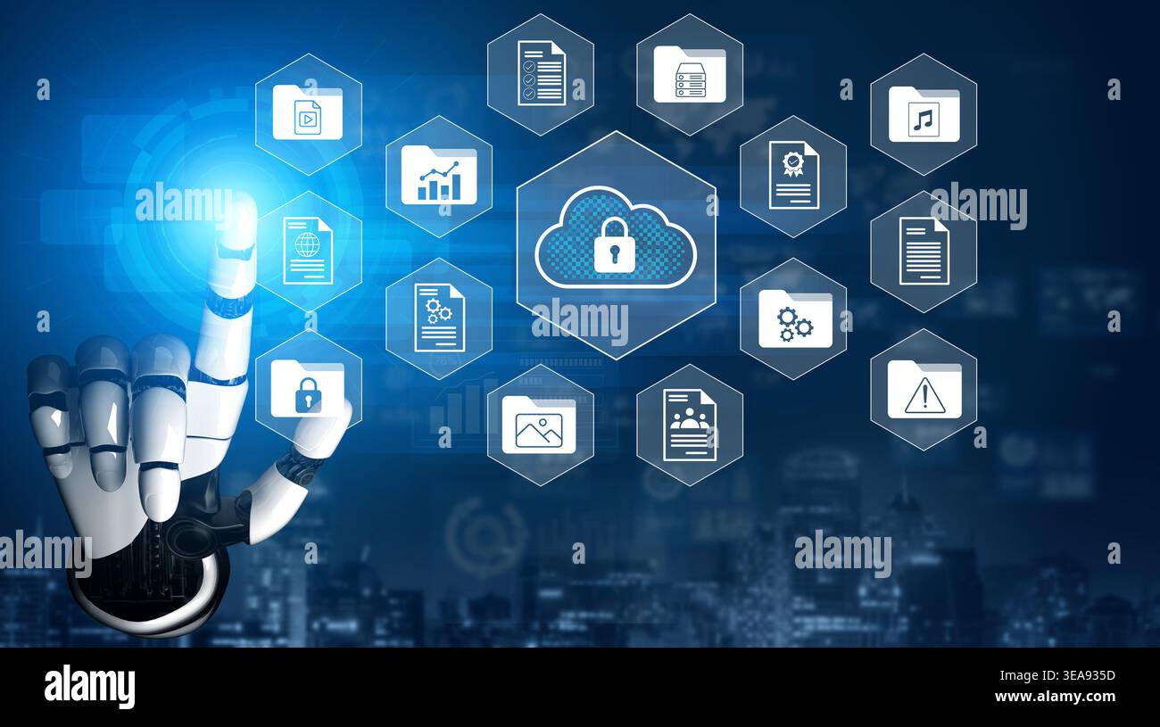 Une main robotique tend la main pour interagir avec les icônes du cloud computing, mettant en évidence les thèmes de la cybersécurité, de la protection des données et de l'innovation technologique Banque D'Images