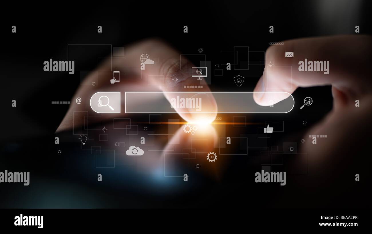 Interface de moteur de recherche pour accéder à des informations numériques et à des données en ligne. Le moteur de recherche trouve des données, le moteur de recherche soutient la recherche, stimule le marketing Banque D'Images